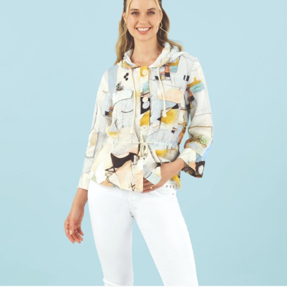 Dolcezza 100% Linen Hooded Abstract Art Jacket